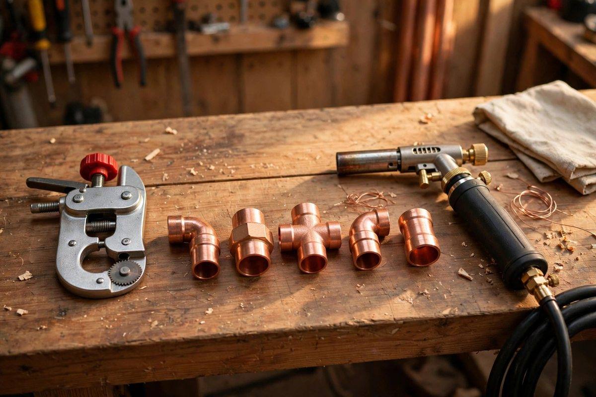 Plumbing tools and copper fittings ready for main water line work in Hershey, Pennsylvania