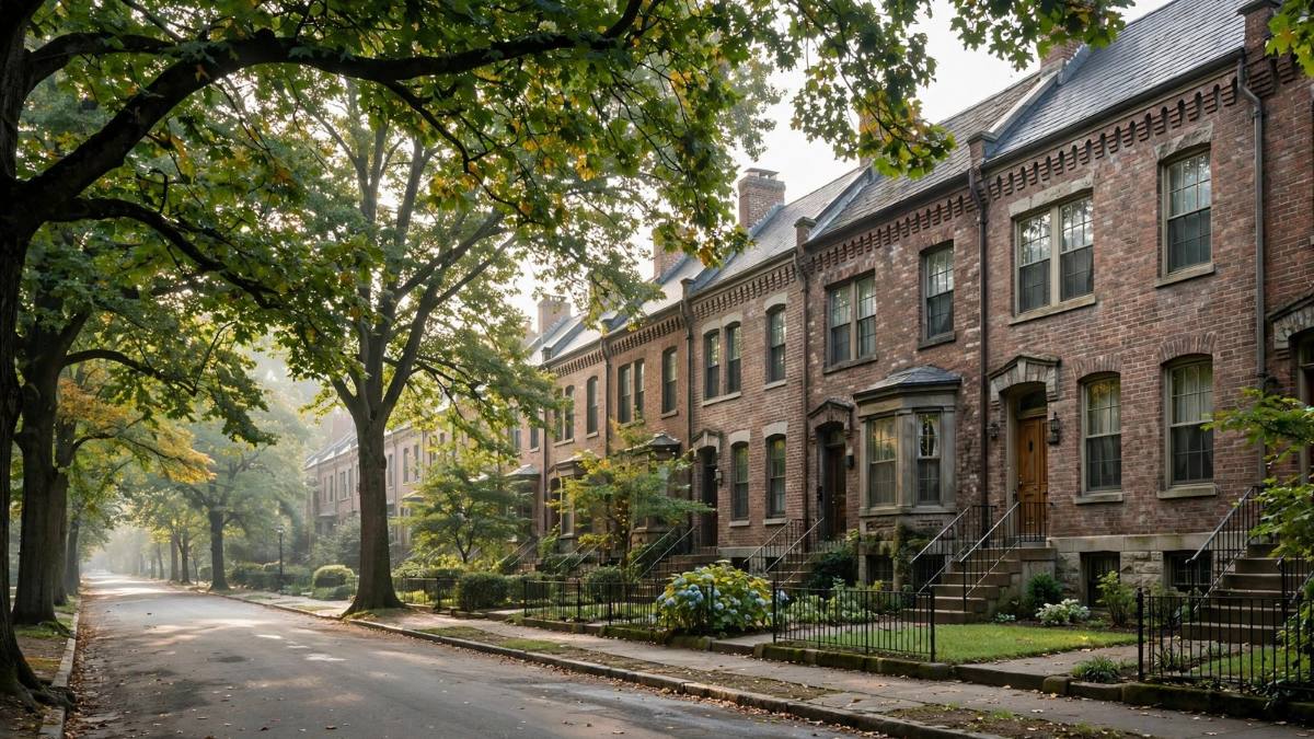 Brick homes on a tree-lined downtown Hershey avenue, where pros replace the oldest water service lines in town