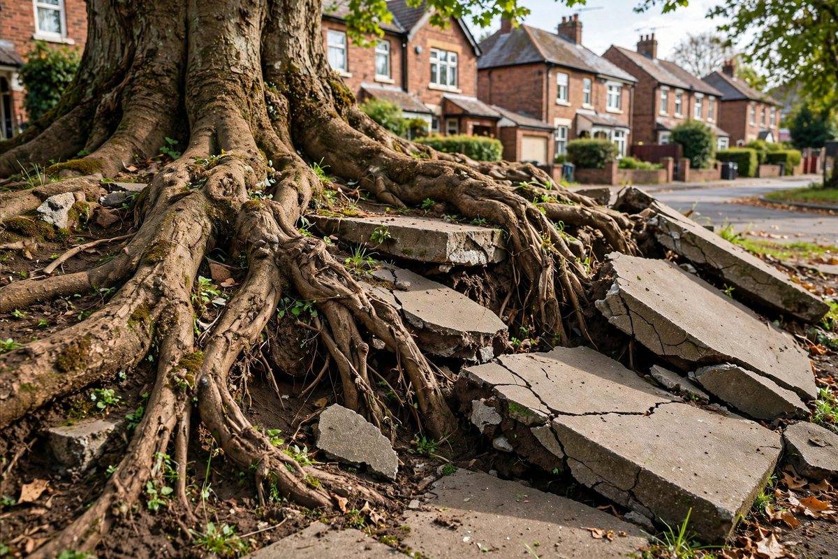 Mature tree roots lifting a downtown Hershey sidewalk, where old water service lines run beneath