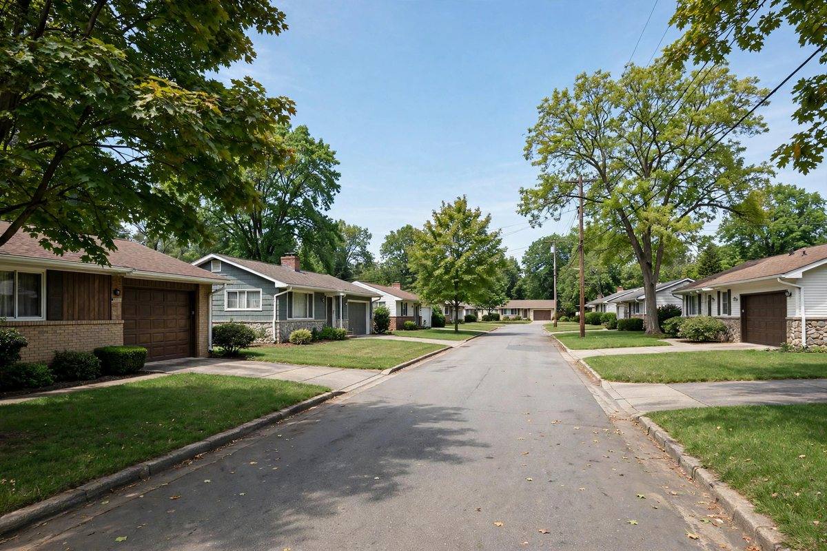 Quiet residential street with mid-century homes in Hershey, Pennsylvania