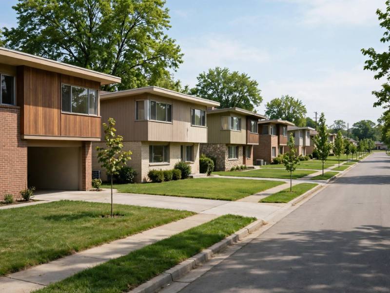Split-level houses on a wide-lawned Derry Township street in Hershey