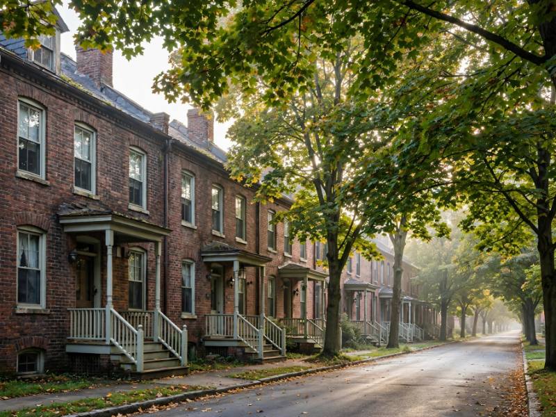 Early-1900s brick rowhouses under mature maples in downtown Hershey