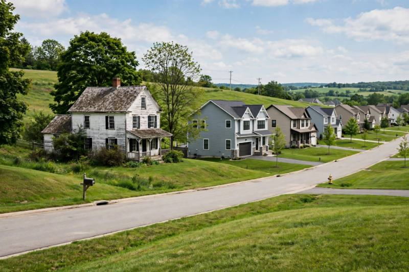 Farmhouses and newer two-story homes sharing a Hockersville street in Hershey