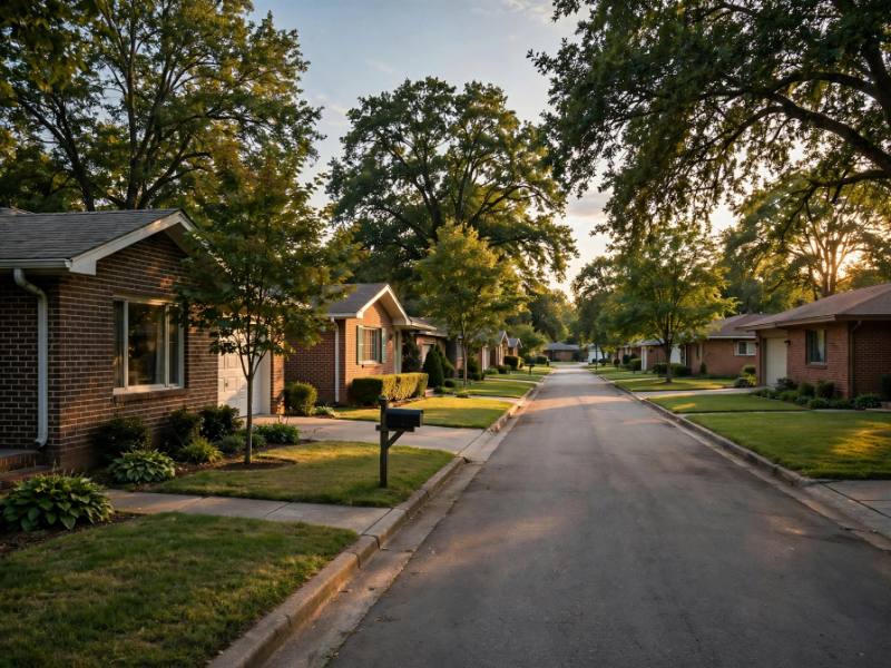 Brick ranch houses with manicured lawns in Palmdale, Hershey