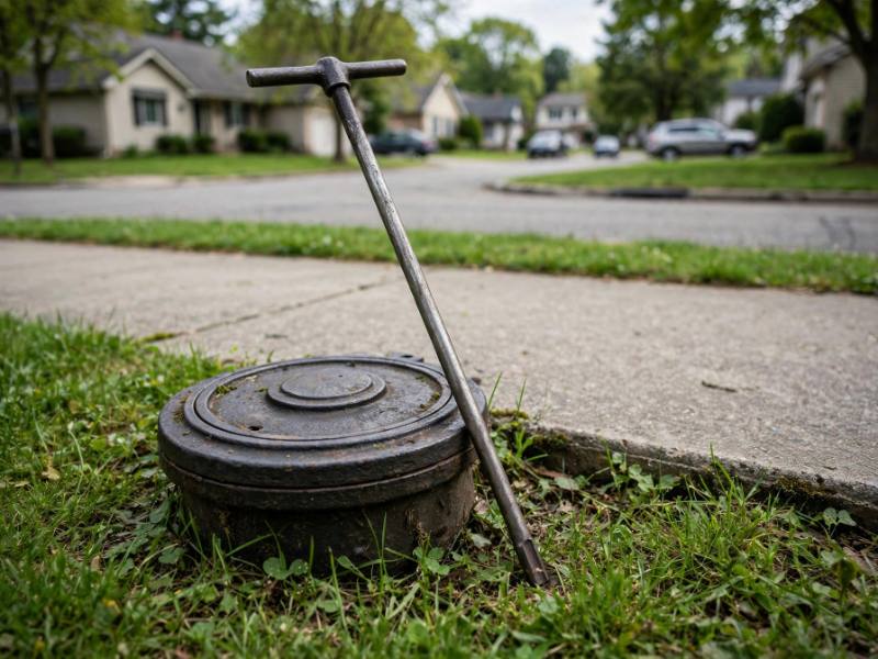 Curb stop cover and shut-off key on the grass beside a sidewalk