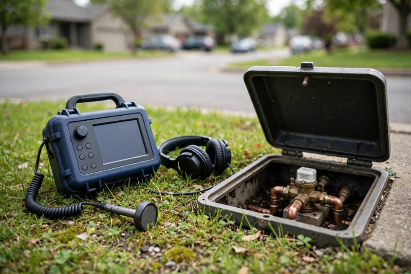 Leak locating equipment and an open water meter box at the curb