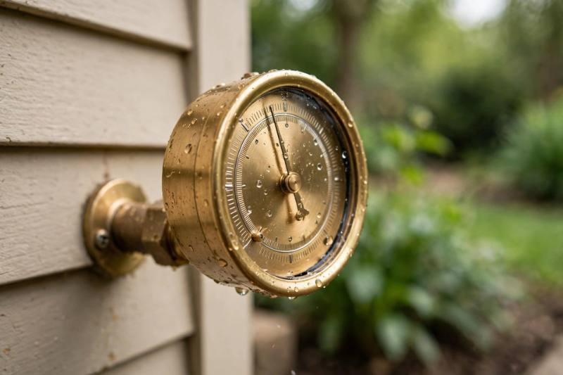 Brass pressure gauge mounted on the outside wall of a house