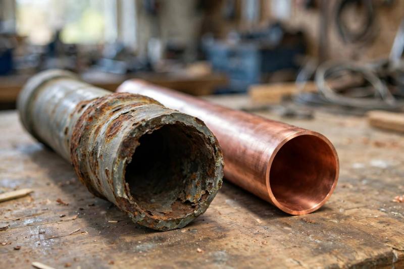 A rusted galvanized pipe beside a new copper pipe on a workbench