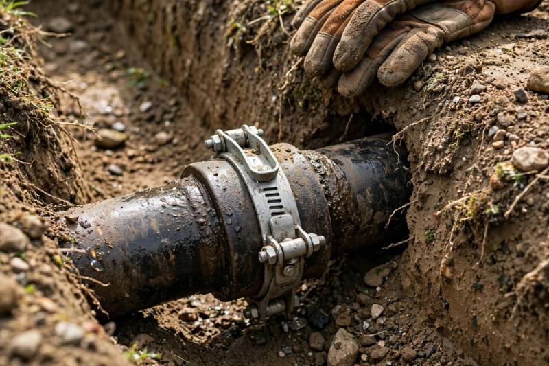 Gloved hands beside a clamped repair on a buried water pipe in a trench