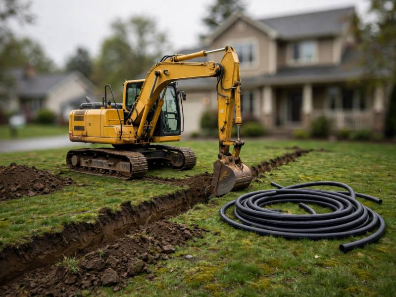 Excavator and coiled new pipe beside an open trench in a residential front yard