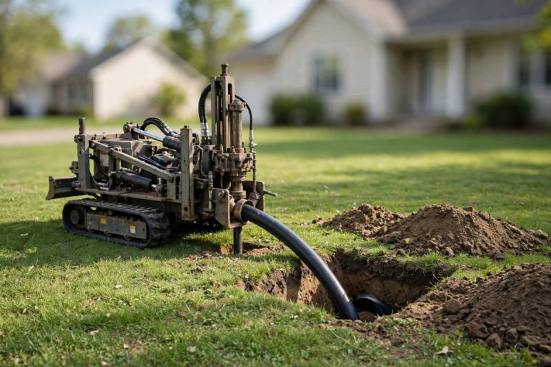 Trenchless boring rig and access pit on a lawn in front of a home