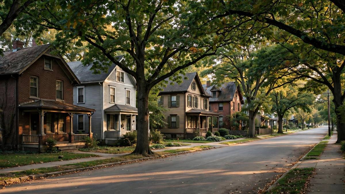 Tree-lined street of early 1900s brick homes in Hershey, Pennsylvania