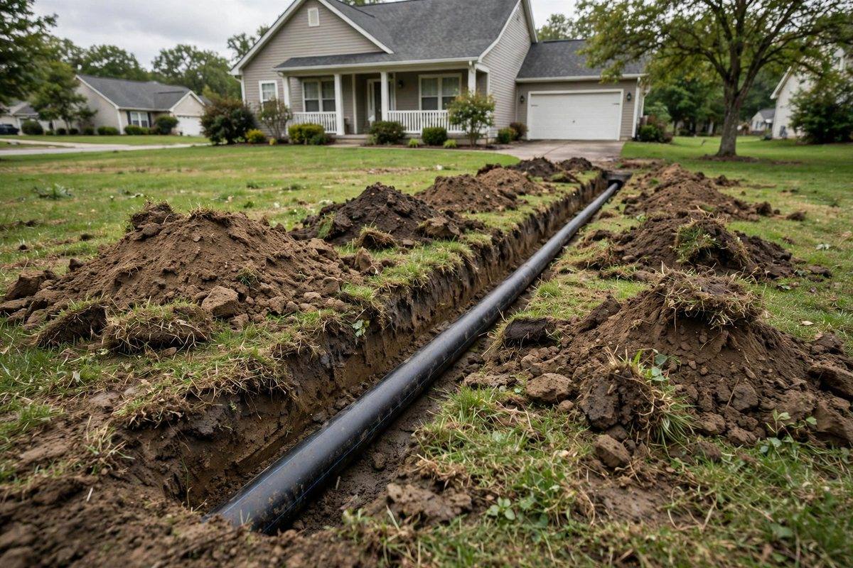 Open trench with a new water pipe being laid in a Hershey front yard