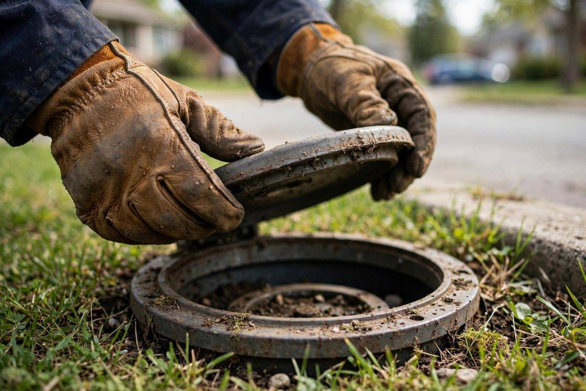 Gloved hands opening a water meter box at the curb in Hershey
