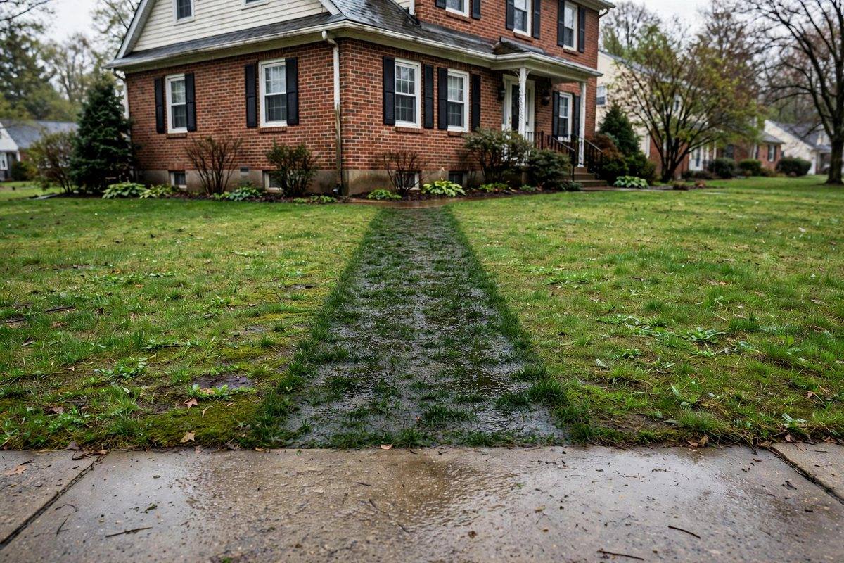 Damp strip of lawn between the sidewalk and a house in Hershey, a sign of a main water line leak