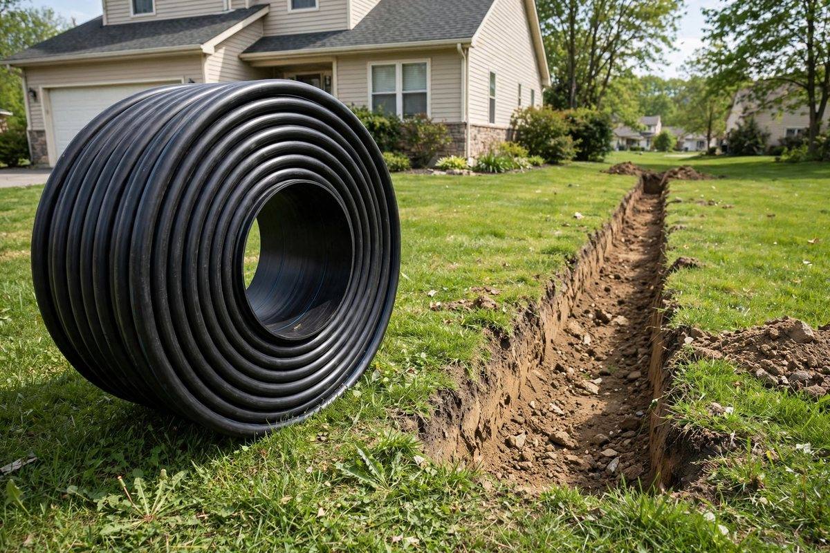 Coiled new water service pipe ready for installation at a Hershey home
