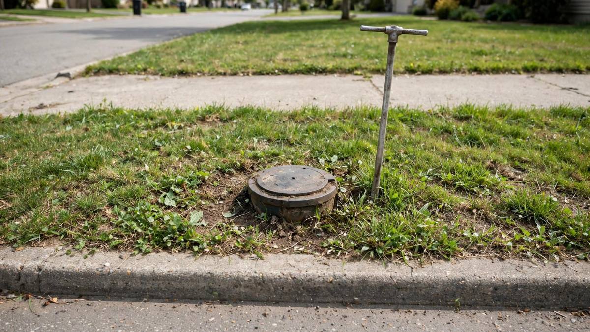 Curb stop box at a Hershey sidewalk with a valve key beside it