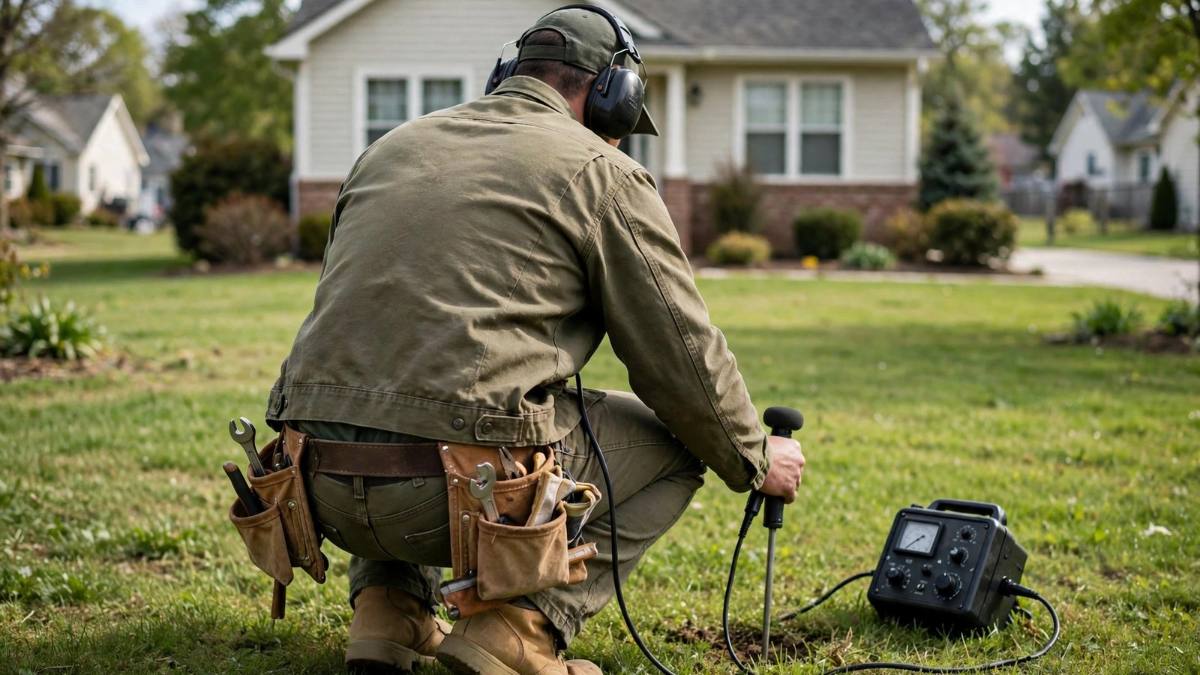 Technician using acoustic listening equipment to find a buried water leak in Hershey