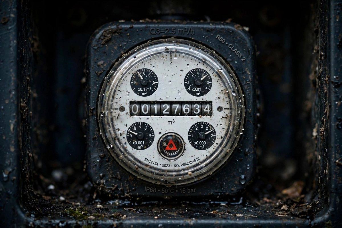 Close-up of a water meter dial inside a meter box in Hershey during a leak check