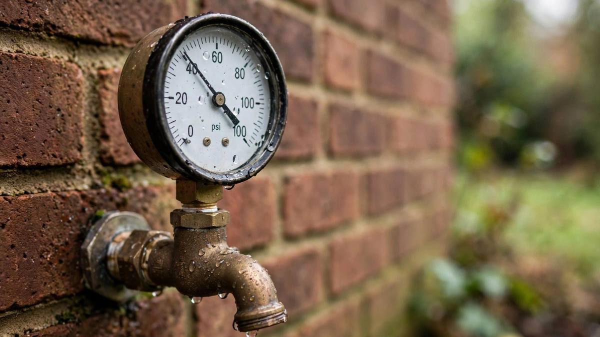 Pressure gauge on an outdoor spigot at a Hershey home during low water pressure diagnosis