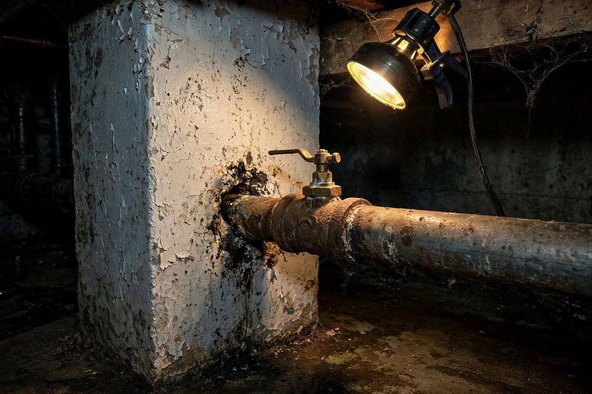 Old water service line entering through the wall of a Hershey basement