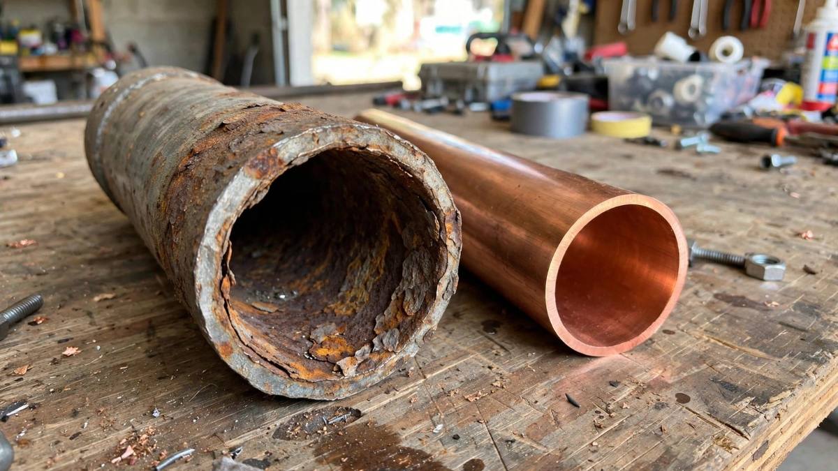 Cutaway of an old corroded water service line next to a new pipe at a Hershey home