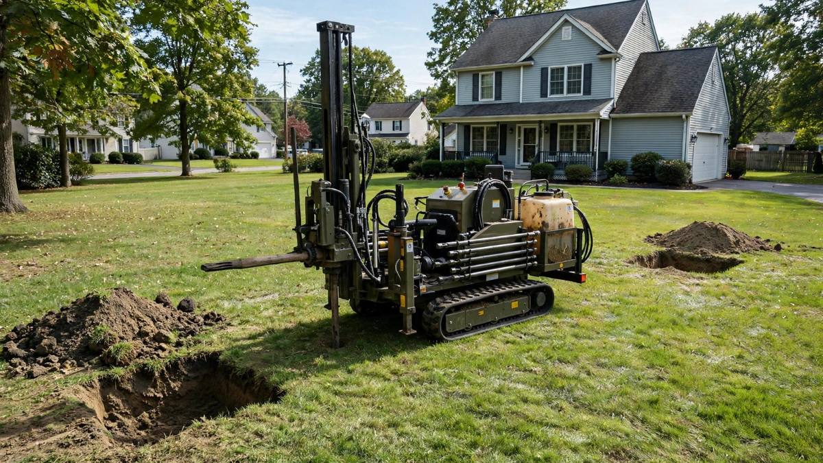 Directional boring equipment installing a water line with minimal digging in Hershey