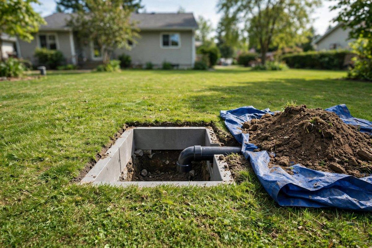 Small access pit dug in a Hershey lawn for trenchless water line replacement